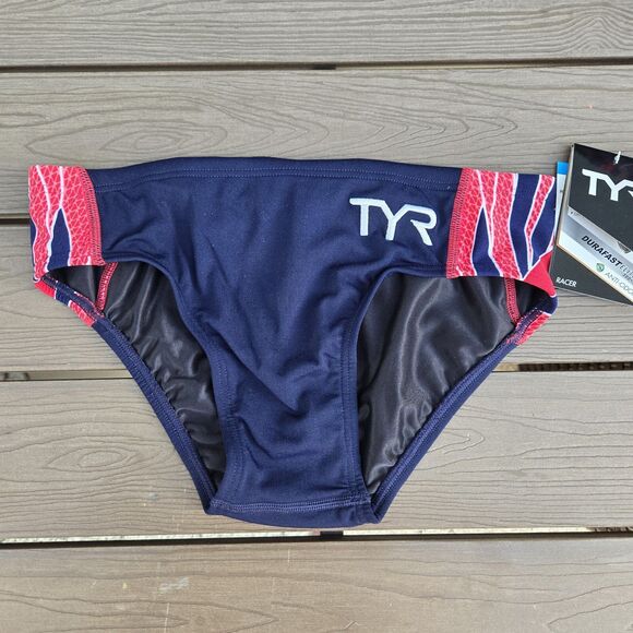 TYR Men's Durafast Elite Phoenix Navy/Red Drawstring Swim Racer Brief  SZ 30 New - Picture 1 of 3